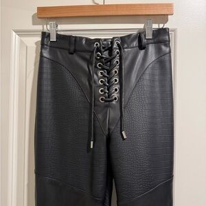 Maniere De Voir Black Lace-Up Croc-Embossed Pleather Pants